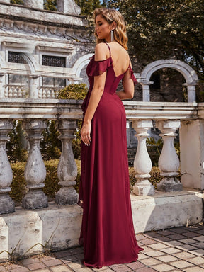Color=Burgundy | Cold Shoulder V Neck Asymmetrical Hem Long Chiffon Bridesmaid Dress-Burgundy 2