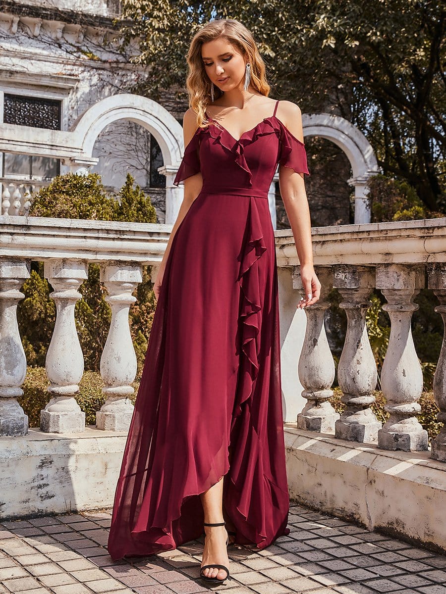 Color=Burgundy | Cold Shoulder V Neck Asymmetrical Hem Long Chiffon Bridesmaid Dress-Burgundy 1