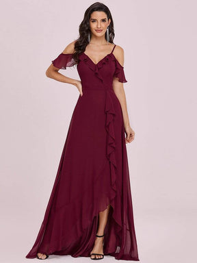 Color=Burgundy | Cold Shoulder V Neck Asymmetrical Hem Long Chiffon Bridesmaid Dress-Burgundy 4