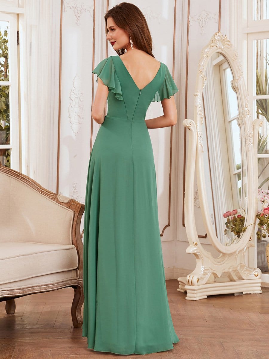 Color=Green Bean | Cute Floor Length V Neck Chiffon Bridesmaid Dress-Green Bean 2