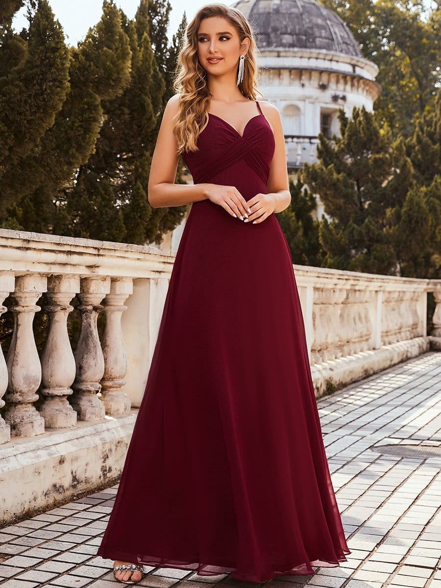 Color=Burgundy | Floor Length Strapless Bridesmaid Dress With Spaghetti Straps-Burgundy 4
