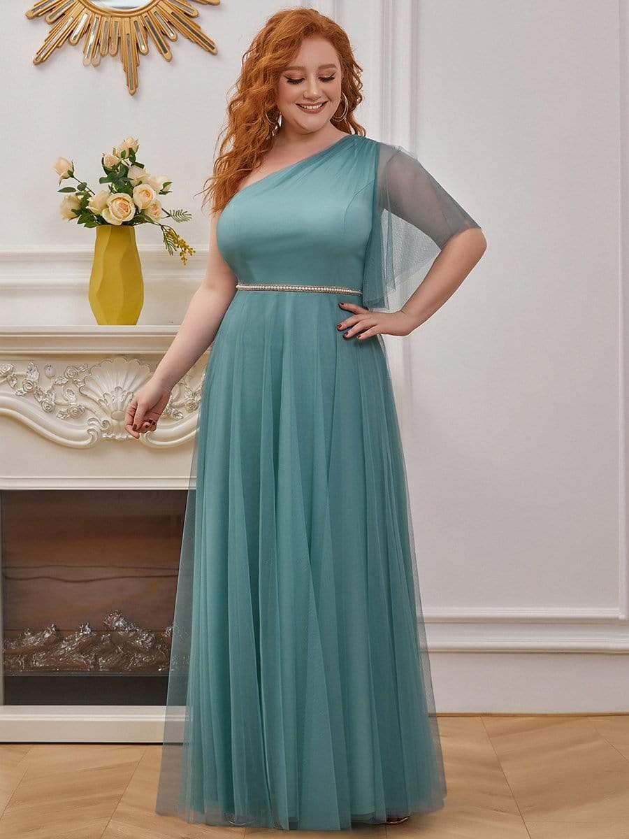 Color=Dusty blue | Plus Size A-Line Tulle Bridesmaid Dress With Beaded Waistline-Dusty Blue 4