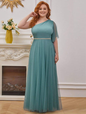 Color=Dusty blue | Plus Size A-Line Tulle Bridesmaid Dress With Beaded Waistline-Dusty Blue 1