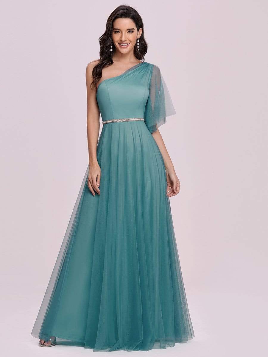 Color=Dusty blue | Simple Maxi One Shoulder Tulle Bridesmaid Dress-Dusty Blue 4