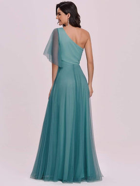 Color=Dusty blue | Simple Maxi One Shoulder Tulle Bridesmaid Dress-Dusty Blue 5