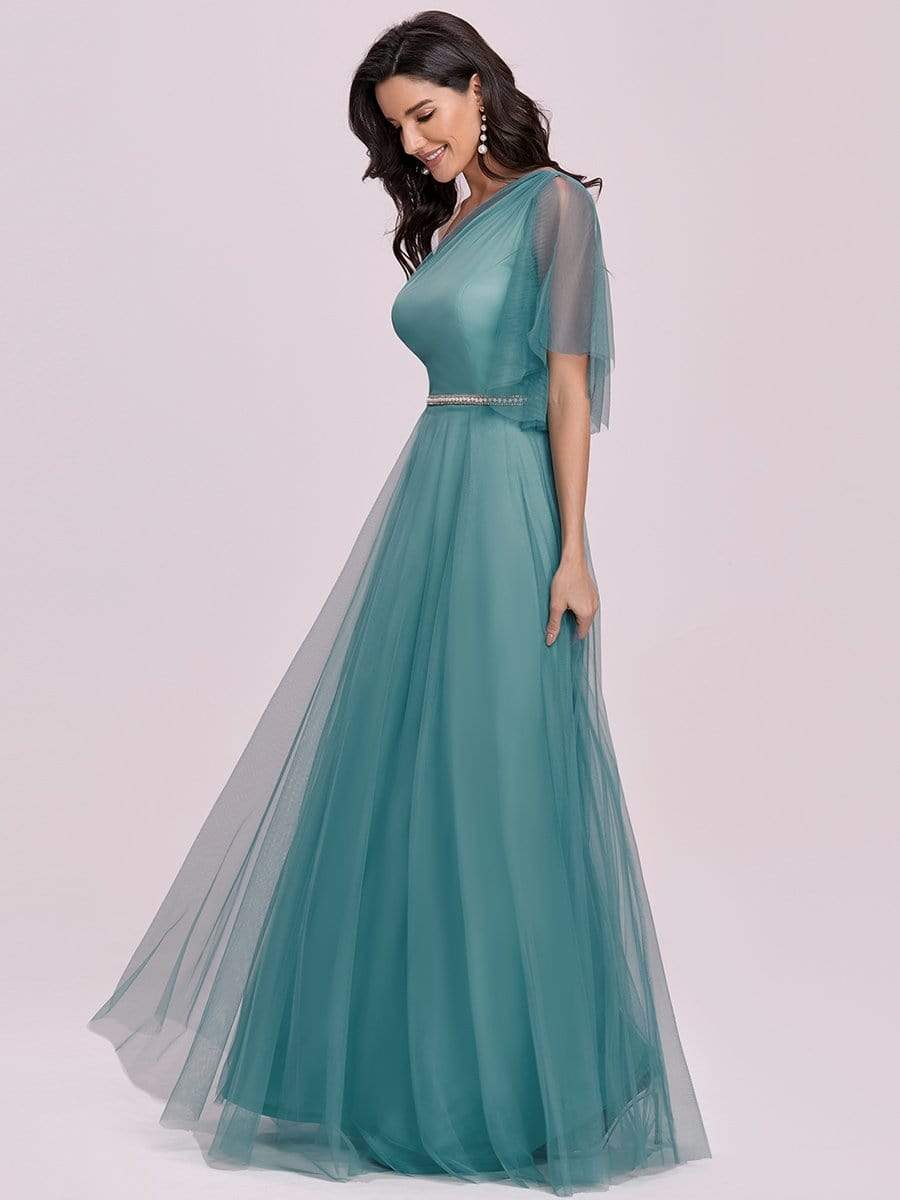 Color=Dusty blue | Simple Maxi One Shoulder Tulle Bridesmaid Dress-Dusty Blue 7
