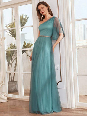 Color=Dusty blue | Simple Maxi One Shoulder Tulle Bridesmaid Dress-Dusty Blue 2