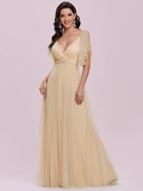 Color=Gold | Low Back Deep V Neck Pagoda Sleeve Bead Waist Bridesmaid Dress-Gold 4