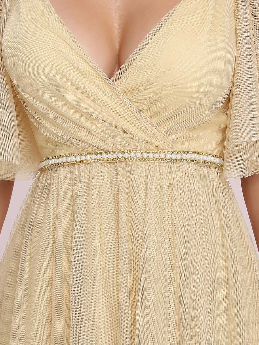 Color=Gold | Low Back Deep V Neck Pagoda Sleeve Bead Waist Bridesmaid Dress-Gold 3