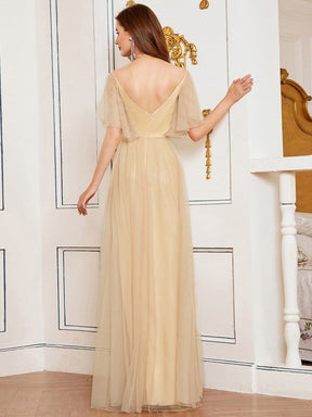 Color=Gold | Low Back Deep V Neck Pagoda Sleeve Bead Waist Bridesmaid Dress-Gold 2