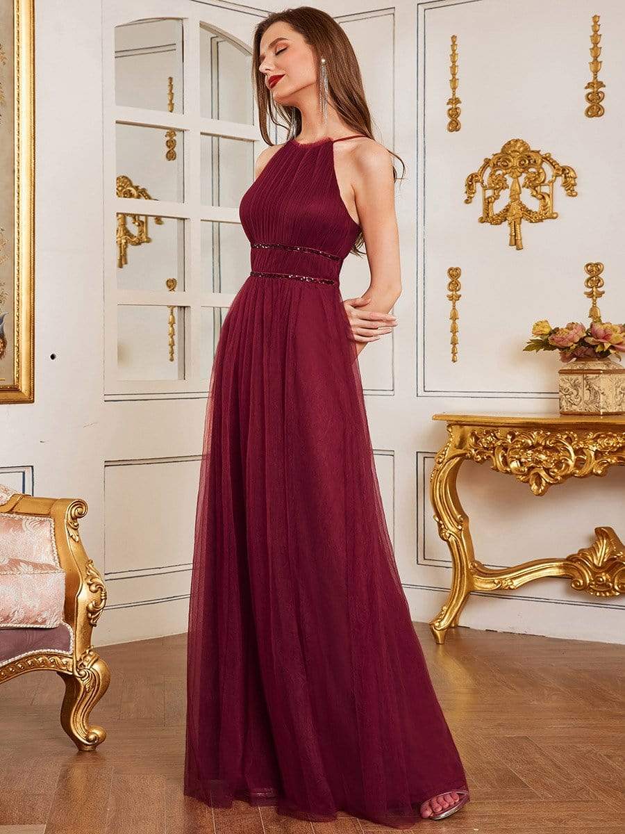 Color=Burgundy | Floor Length Tulle Sleeveless Halter-Neck Evening Dress-Burgundy 3