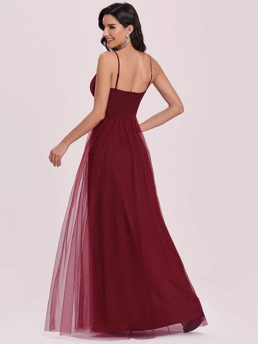 Color=Burgundy | Floor Length Tulle Sleeveless Halter-Neck Evening Dress-Burgundy 5