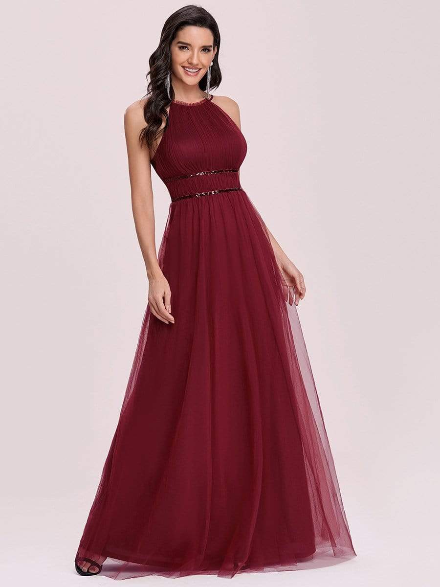 Color=Burgundy | Floor Length Tulle Sleeveless Halter-Neck Evening Dress-Burgundy 7