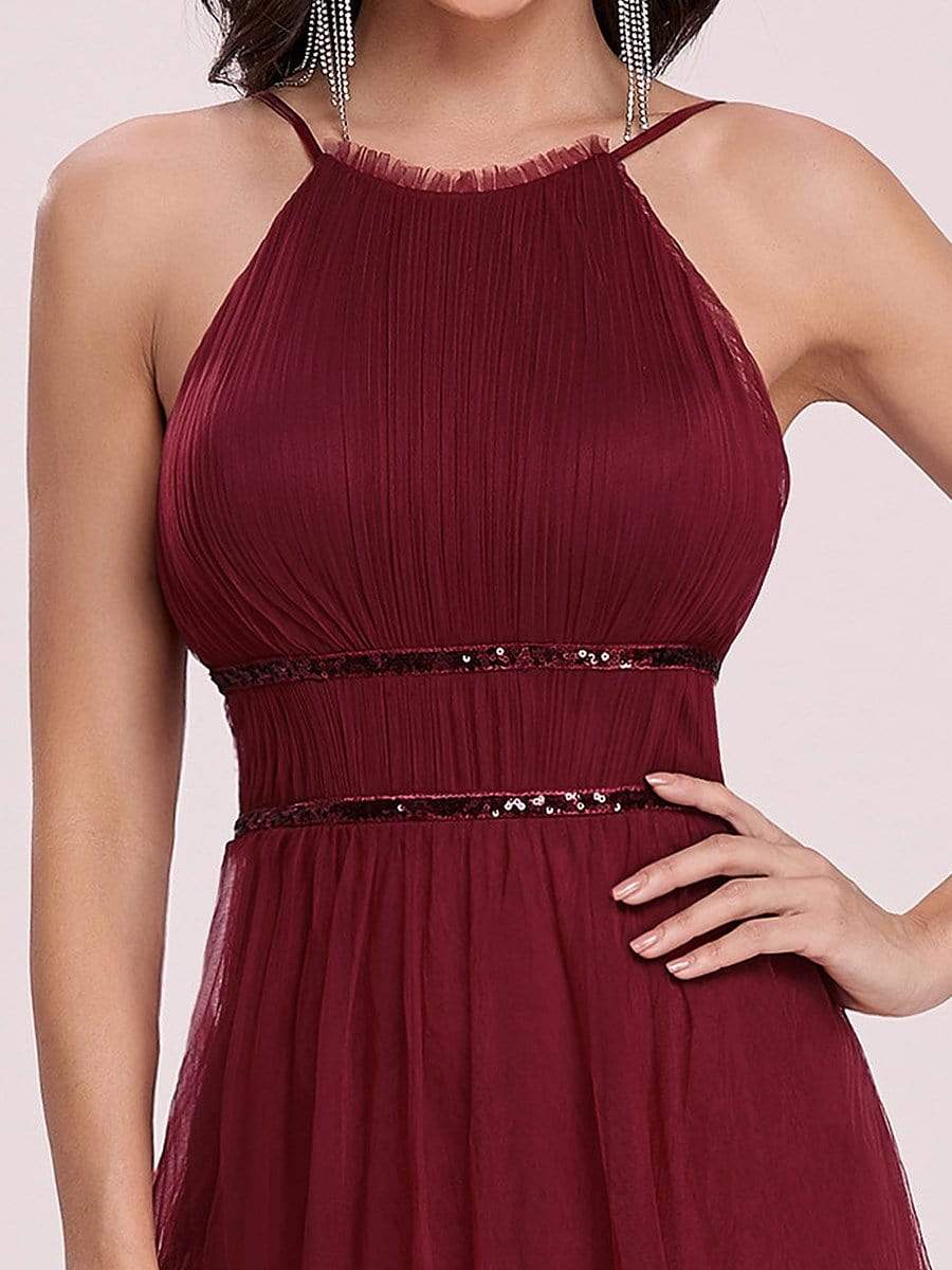 Color=Burgundy | Floor Length Tulle Sleeveless Halter-Neck Evening Dress-Burgundy 8