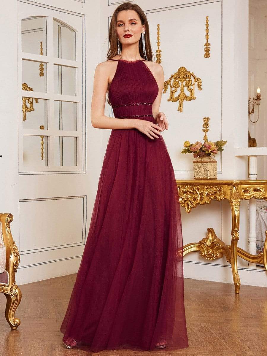 Color=Burgundy | Floor Length Tulle Sleeveless Halter-Neck Evening Dress-Burgundy 1