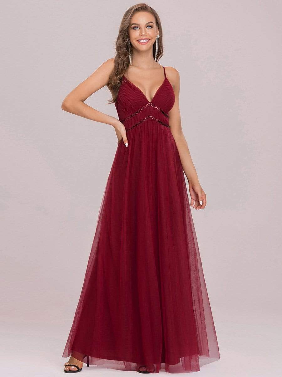 Color=Burgundy | Sleeveless Deep V Neck Spaghetti Strap Mid-Rib Paillette Tulle Long Dress-Burgundy 6