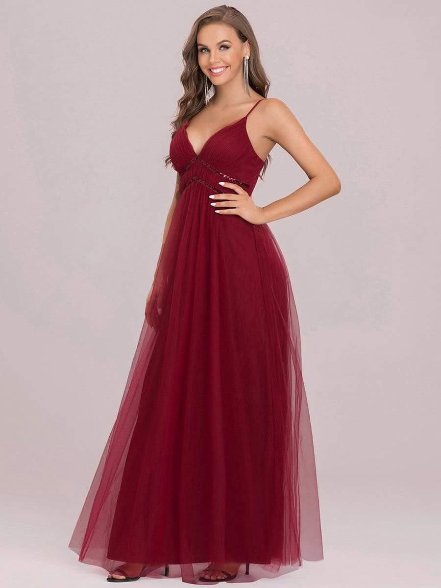 Color=Burgundy | Sleeveless Deep V Neck Spaghetti Strap Mid-Rib Paillette Tulle Long Dress-Burgundy 8