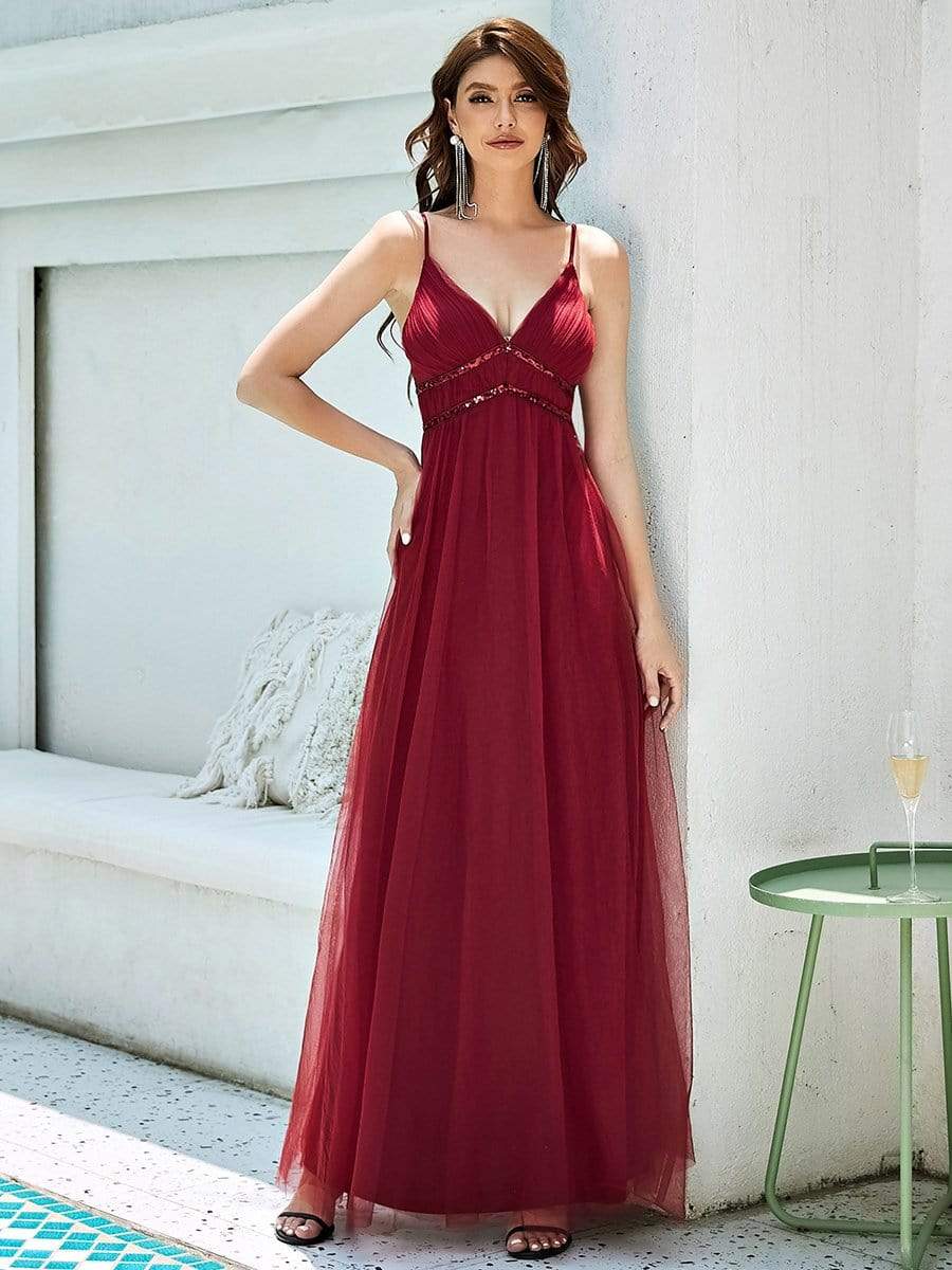 Color=Burgundy | Sleeveless Deep V Neck Spaghetti Strap Mid-Rib Paillette Tulle Long Dress-Burgundy 1