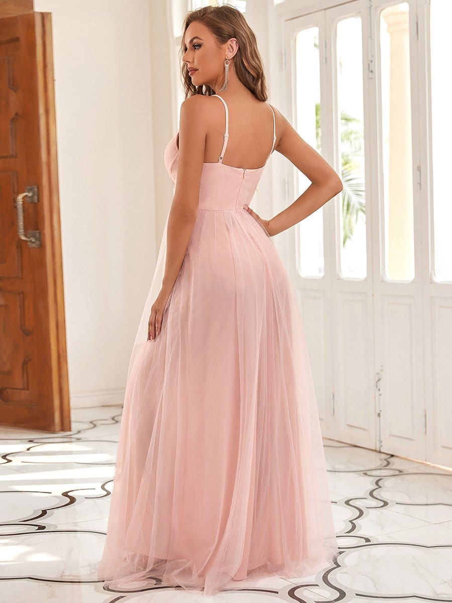 Color=Pink | Sleeveless Deep V Neck Spaghetti Strap Mid-Rib Paillette Tulle Long Dress-Pink 2