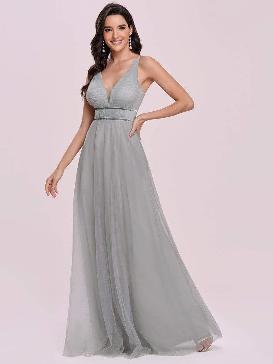 Color=Grey | Elegant Sleeveless Deep V-neck Pleated Prom Dress-Grey 6