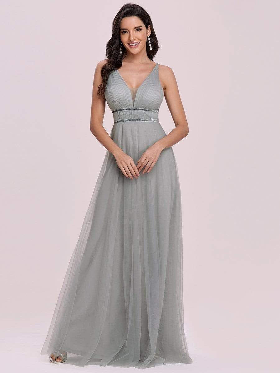 Color=Grey | Elegant Sleeveless Deep V-neck Pleated Prom Dress-Grey 7