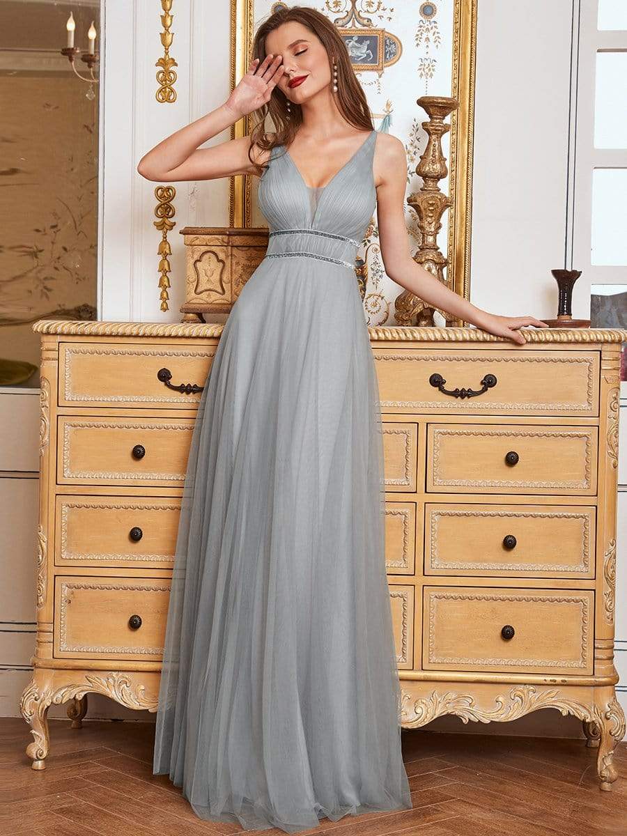 Color=Grey | Elegant Sleeveless Deep V-neck Pleated Prom Dress-Grey 1