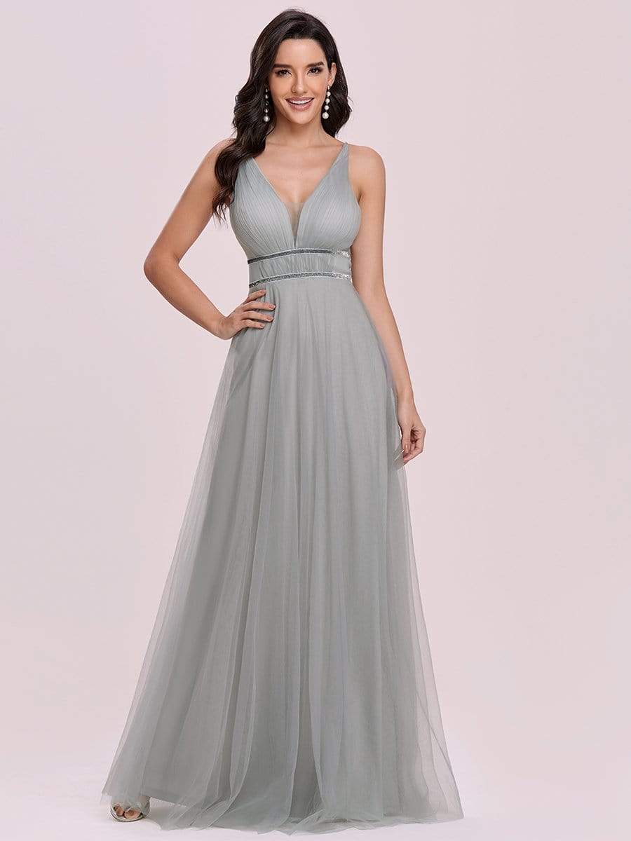 Color=Grey | Elegant Sleeveless Deep V-neck Pleated Prom Dress-Grey 4
