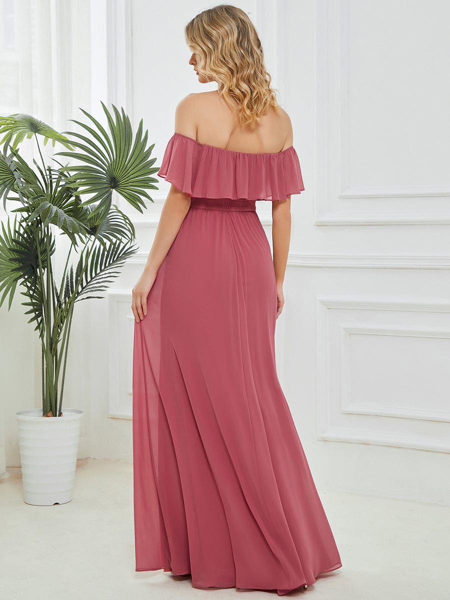 Off The Shoulder Bridesmaid Dresses Side Split Maxi #color_Cameo Brown