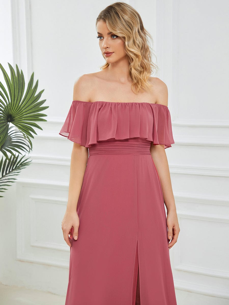 Off Shoulder Chiffon Maxi Bridesmaid Dresses with Side Split