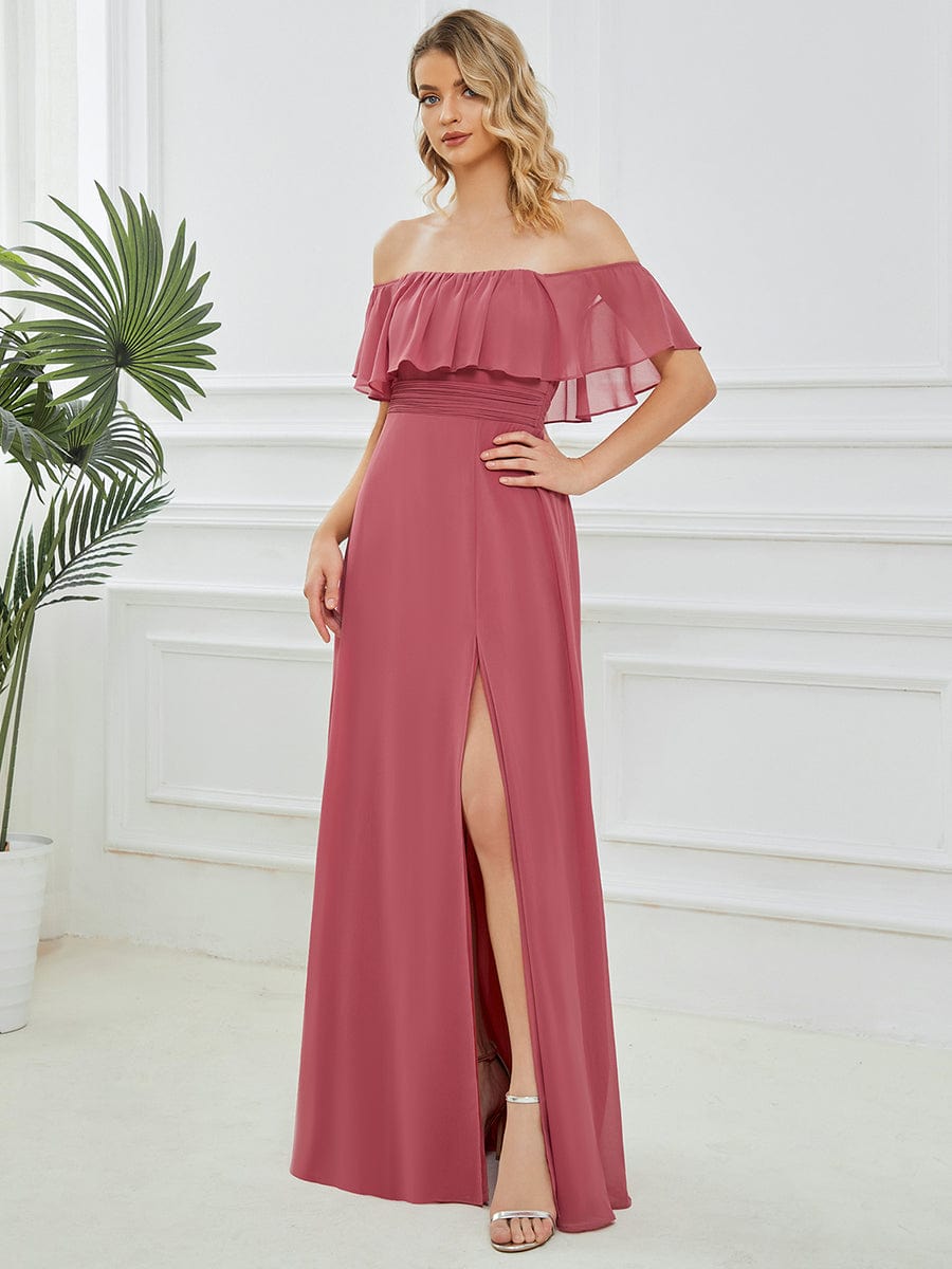 Off Shoulder Chiffon Maxi Bridesmaid Dresses with Side Split