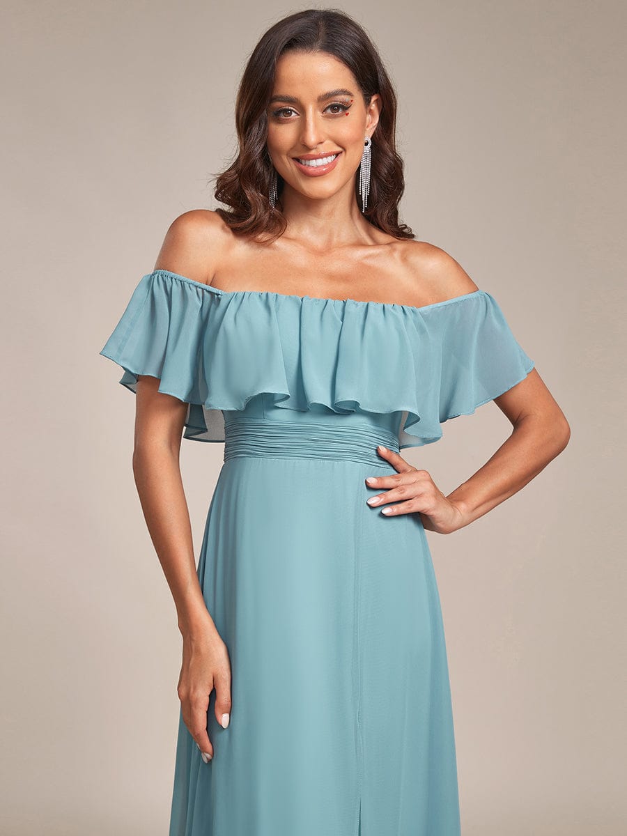 Off The Shoulder Bridesmaid Dresses Side Split Maxi #color_Dusty Blue