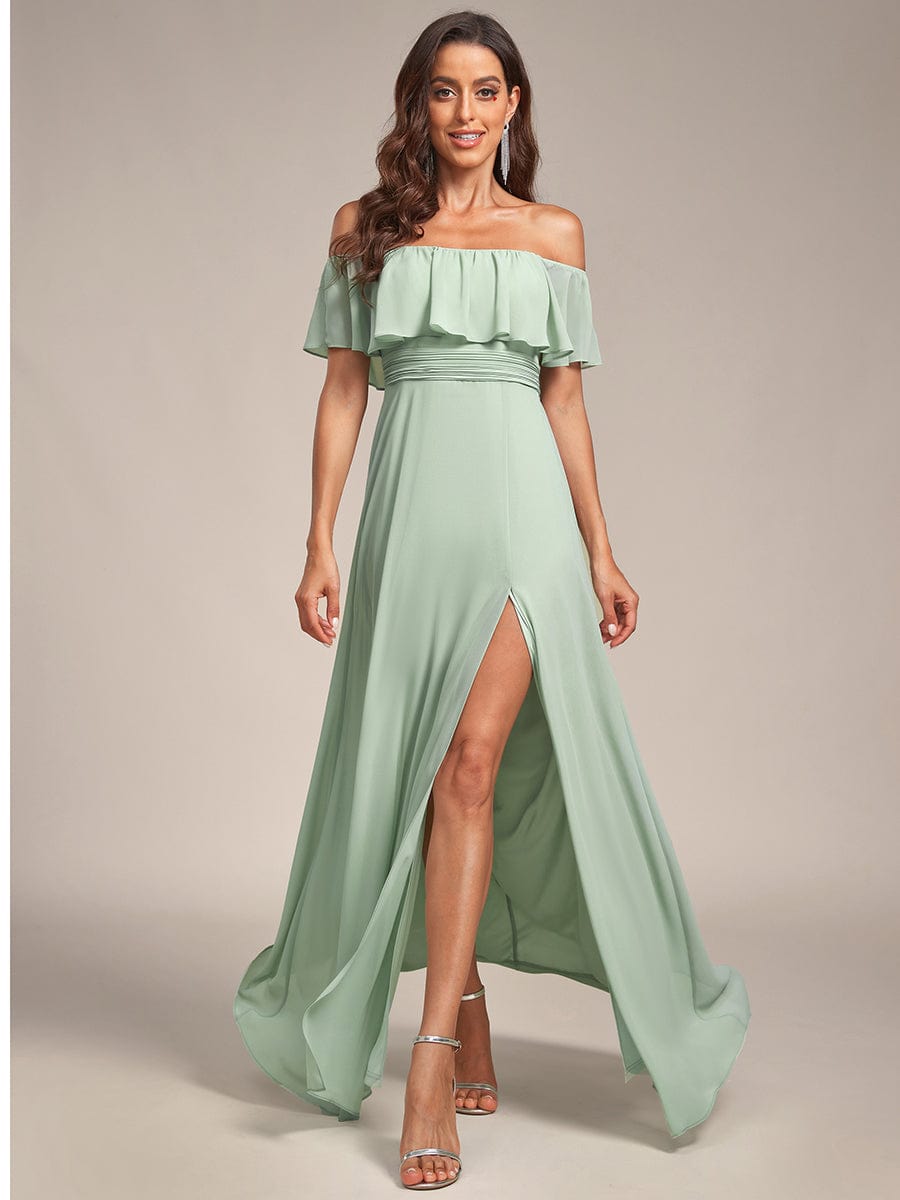 Off The Shoulder Bridesmaid Dresses Side Split Maxi #color_Mint Green