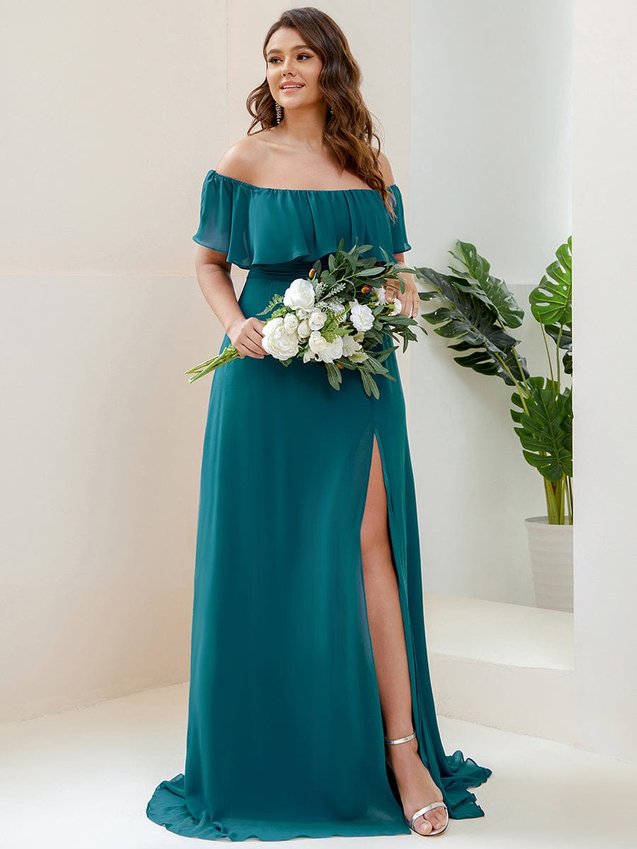 Off The Shoulder Bridesmaid Dresses Side Split Maxi #color_Teal