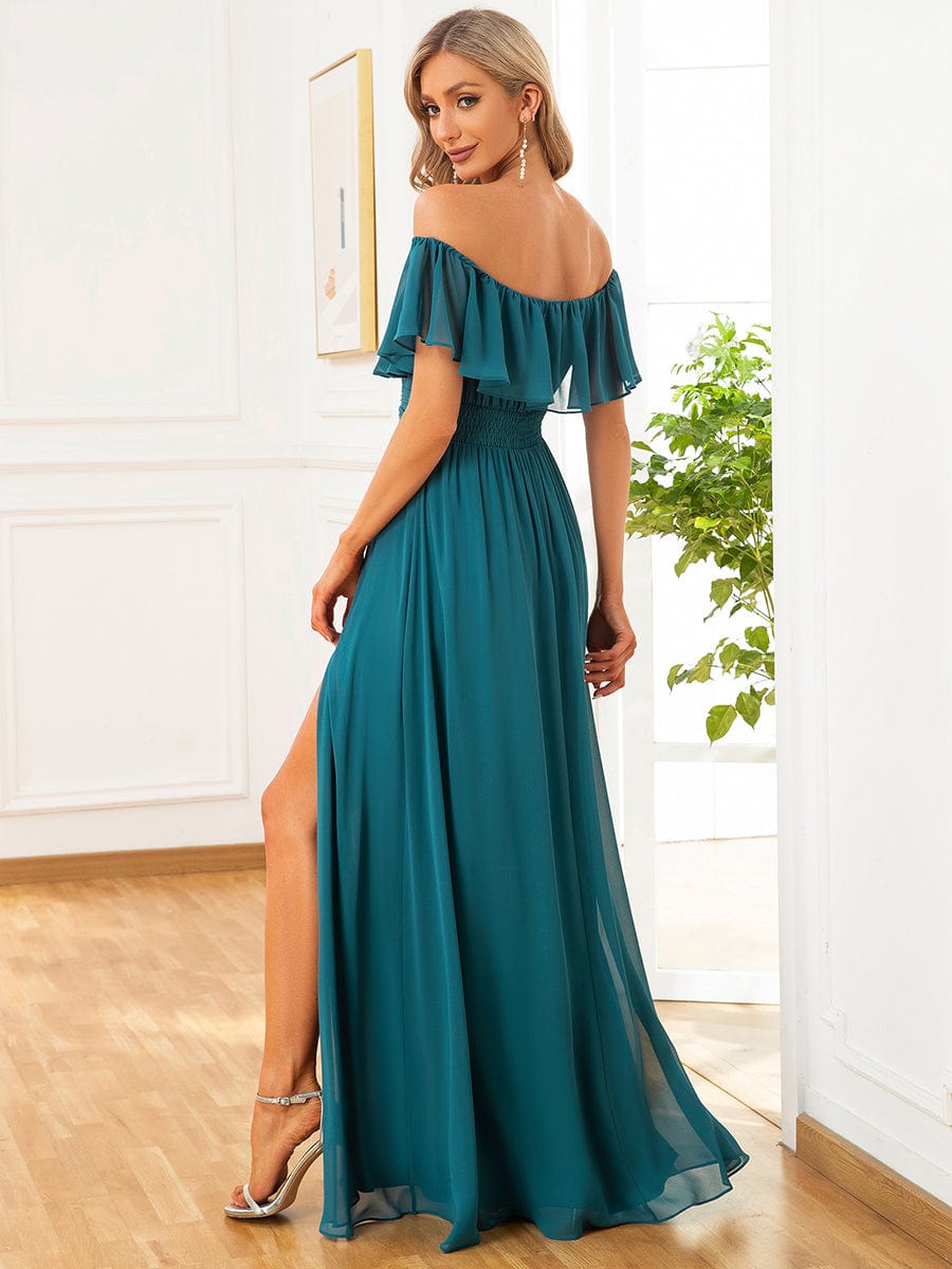 Off The Shoulder Bridesmaid Dresses Side Split Maxi #color_Teal