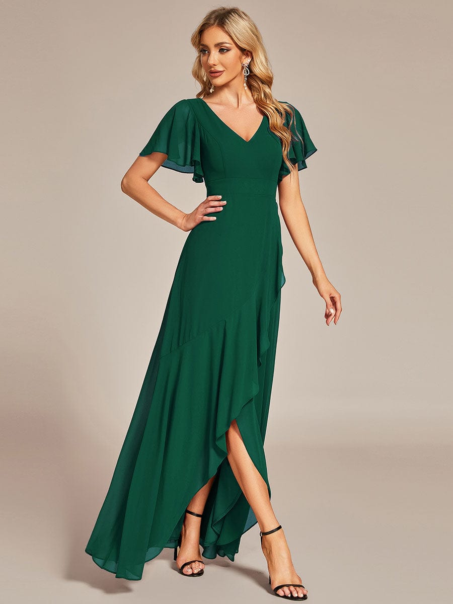 Charming Chiffon Bridesmaid Dress with Lotus Leaf Hemline #color_Dark Green