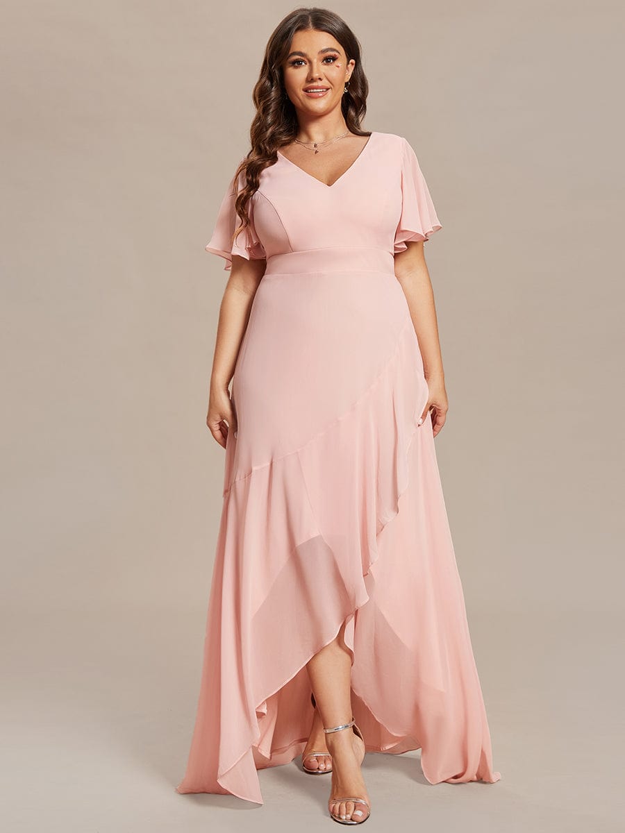 Charming Chiffon Bridesmaid Dress with Lotus Leaf Hemline #color_Pink