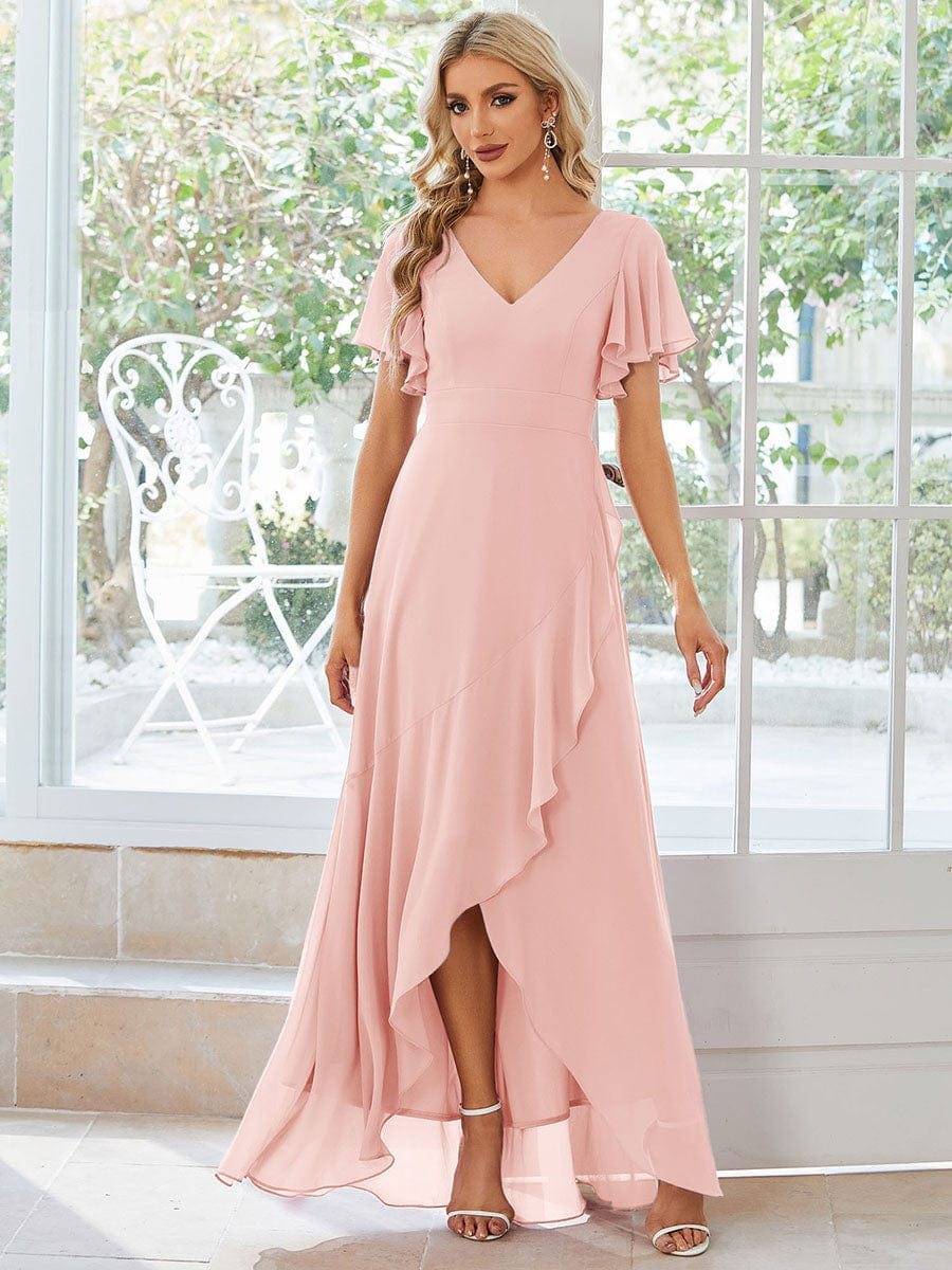 Charming Chiffon Bridesmaid Dress with Lotus Leaf Hemline #color_Pink