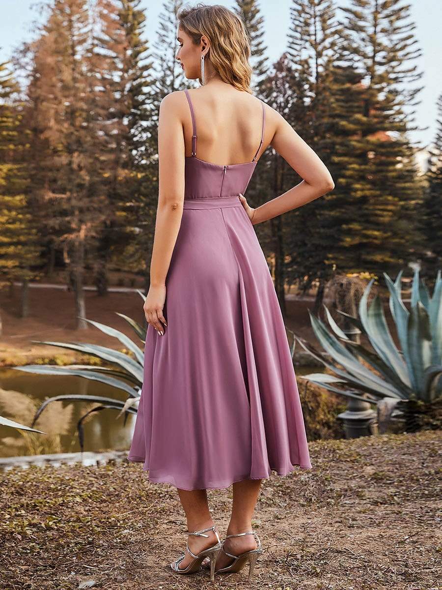 Color=Purple Orchid | Casual V Neck Chiffon Bridesmaid Dress With Bow-Tie Belt-Purple Orchid 3