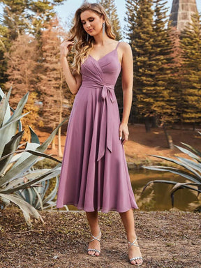 Color=Purple Orchid | Casual V Neck Chiffon Bridesmaid Dress With Bow-Tie Belt-Purple Orchid 4