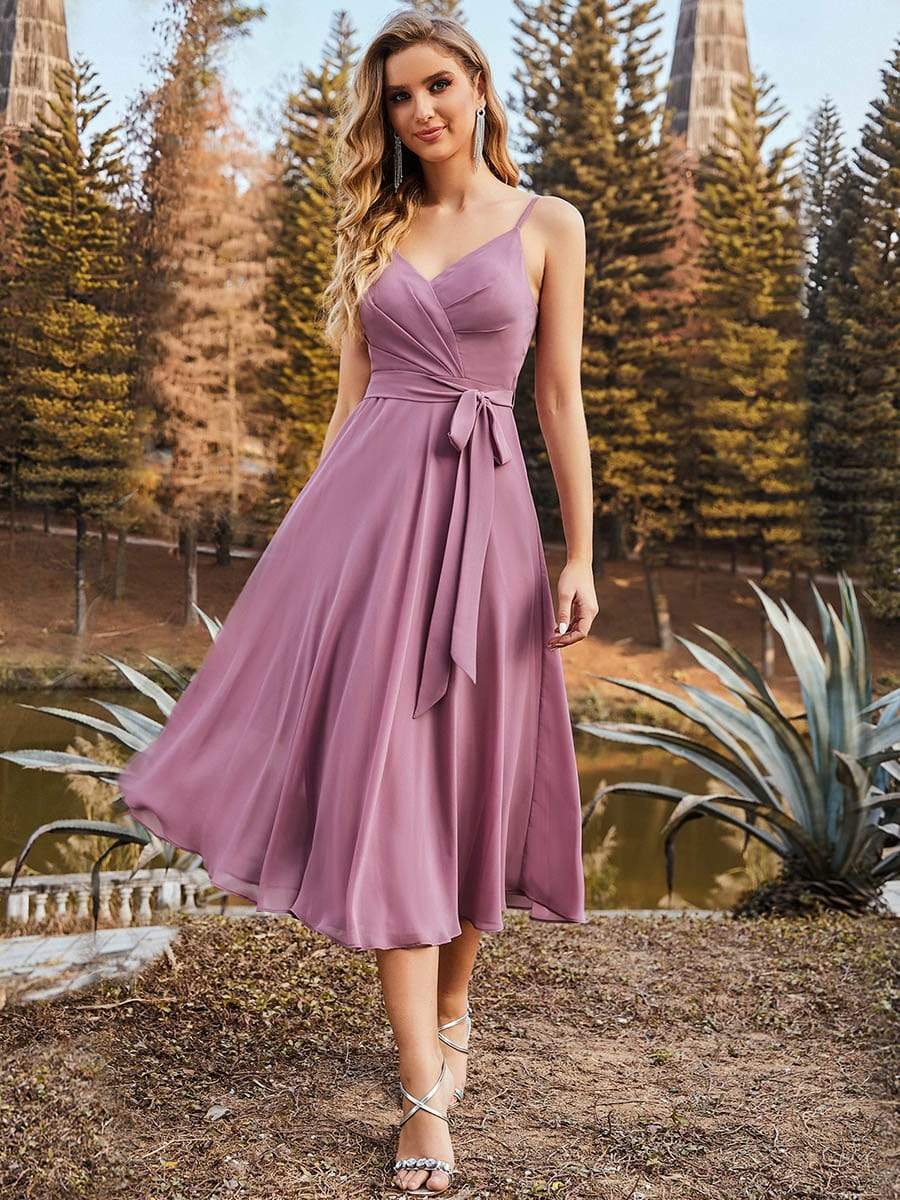 Bridesmaid Dresses Purple Color Party Dresses Tea-Length Bridesmaid Dress Chiffon Dresses With Spaghetti Bridesmaid Dresses Purple Color Party Dresses Tea-Length Bridesmaid Dress Chiffon Dresses With Spaghetti