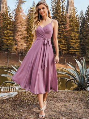 Color=Purple Orchid | Casual V Neck Chiffon Bridesmaid Dress With Bow-Tie Belt-Purple Orchid 1