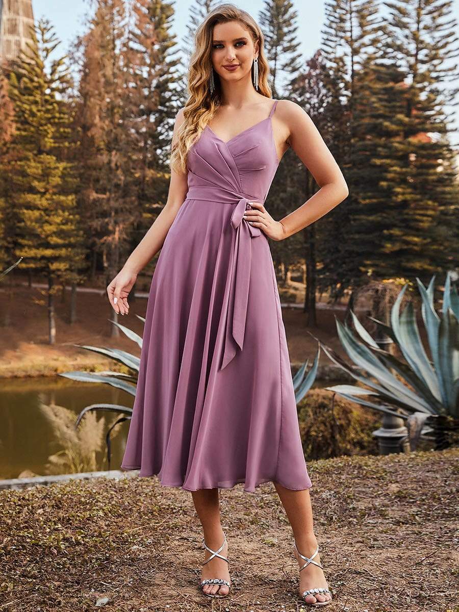 Color=Purple Orchid | Casual V Neck Chiffon Bridesmaid Dress With Bow-Tie Belt-Purple Orchid 2