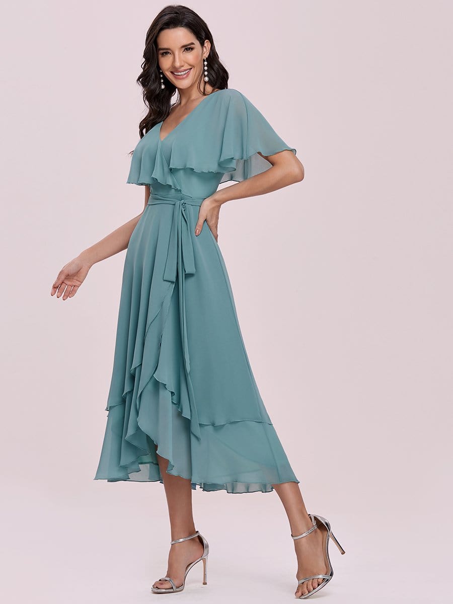 Color=Dusty blue | Simple Tea Length V Neck Chiffon Bridesmaid Dress-Dusty Blue 6