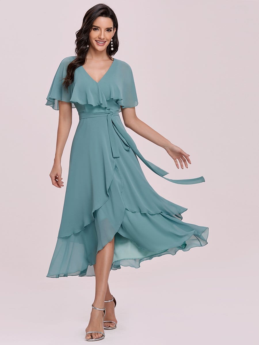 Color=Dusty blue | Simple Tea Length V Neck Chiffon Bridesmaid Dress-Dusty Blue 3