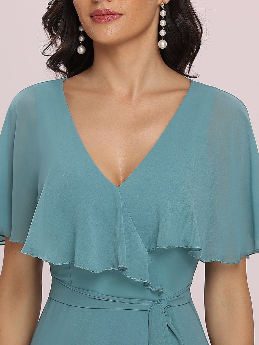 Color=Dusty blue | Simple Tea Length V Neck Chiffon Bridesmaid Dress-Dusty Blue 7