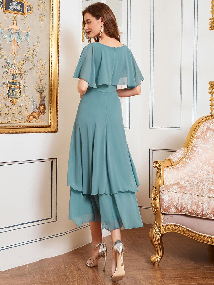 Color=Dusty blue | Simple Tea Length V Neck Chiffon Bridesmaid Dress-Dusty Blue 2