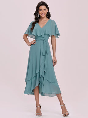 Color=Dusty blue | Simple Tea Length V Neck Chiffon Bridesmaid Dress-Dusty Blue 4