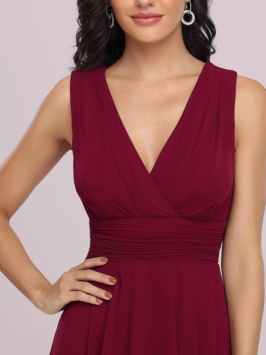 Color=Burgundy | Knee Length Chiffon Bridesmaid Dress With Irregular Hem-Burgundy 7