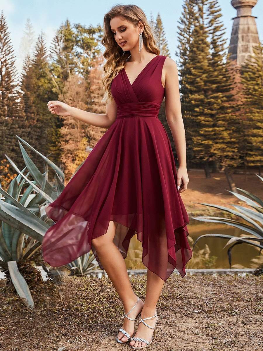 Color=Burgundy | Knee Length Chiffon Bridesmaid Dress With Irregular Hem-Burgundy 3