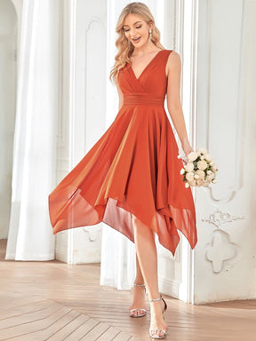 Color=Burnt Orange | Knee Length Chiffon Bridesmaid Dress With Irregular Hem-Burnt Orange 1